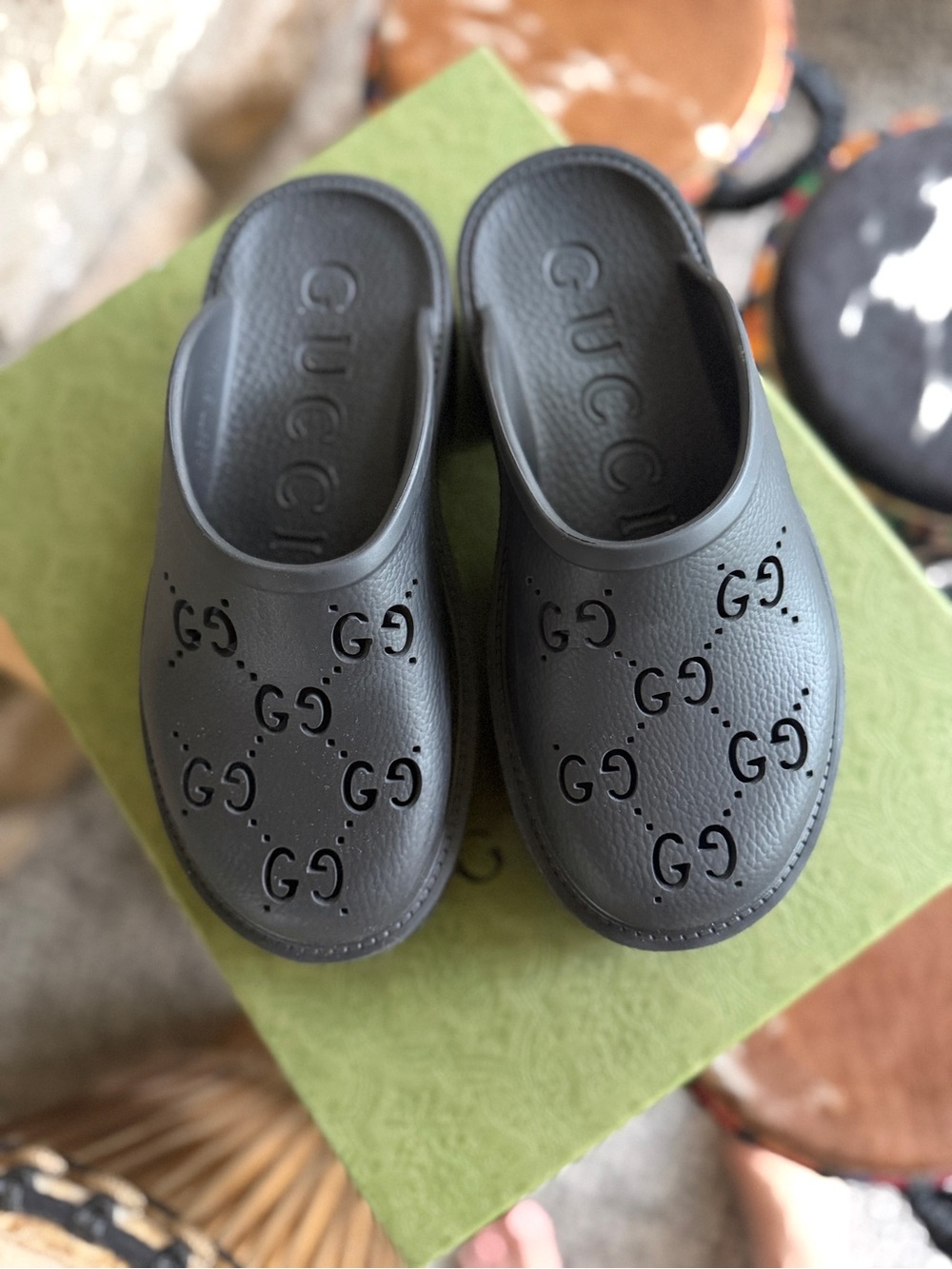 Gucci Black Perforated Slip-Ons Mules platform clogs rubber interlocking. GG